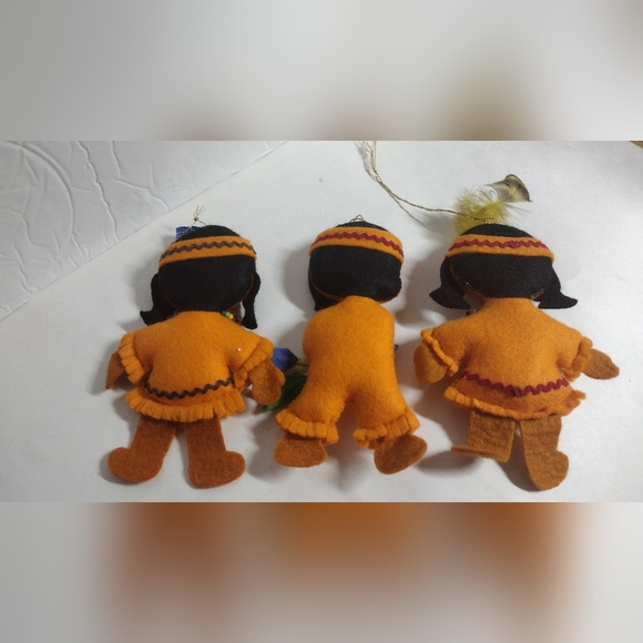 Vintage Needle Felt Ornaments Set Of 3 Indian Girls & Boy 5 1/2" High - Picture 2 of 2